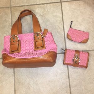 Coach 3 piece tote purse, wallet & coin pouch set.