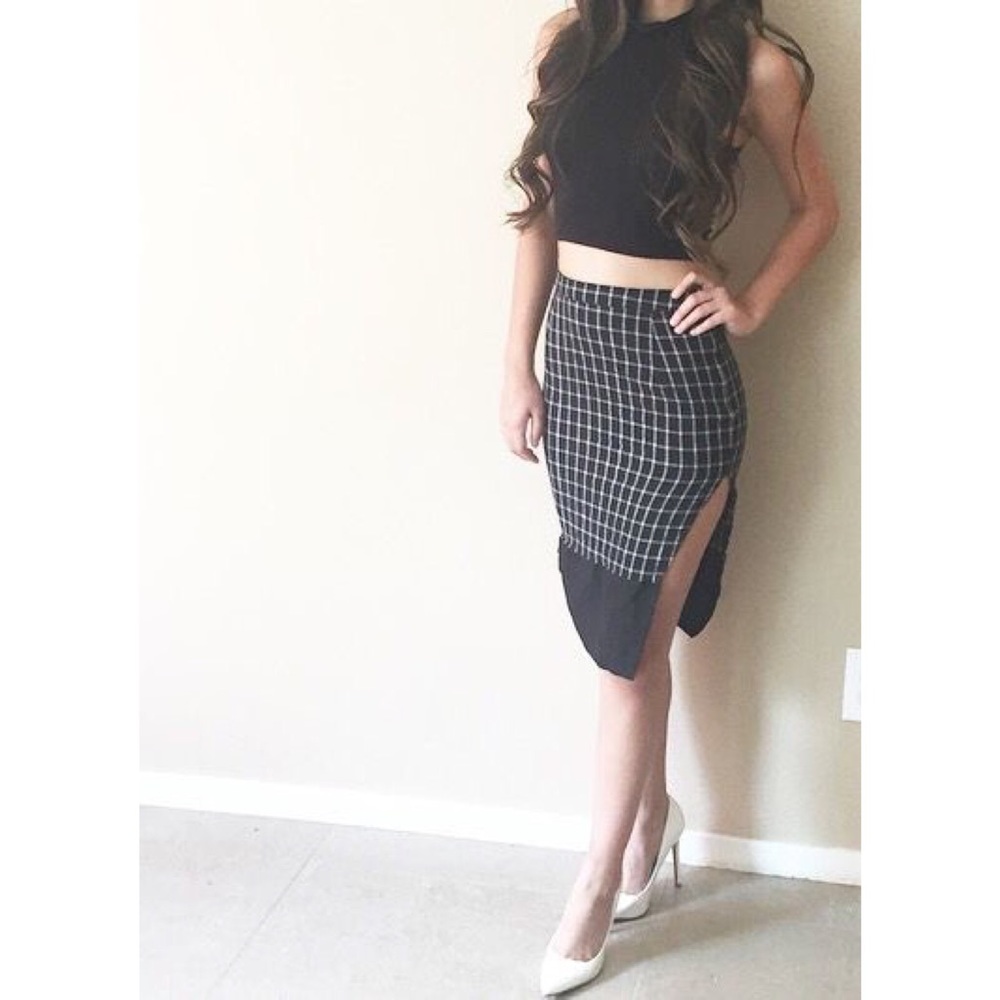 Black Plaid Slit Skirt - Picture 1 of 5