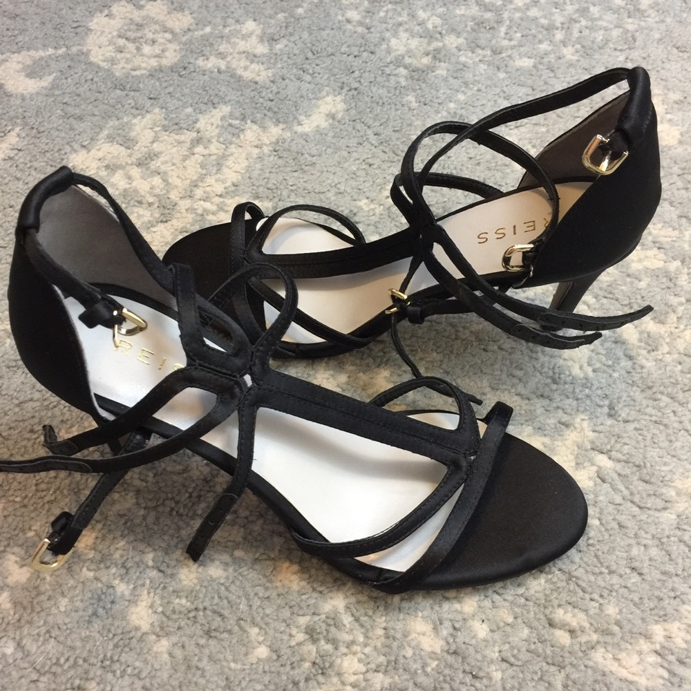 Reiss Black Strappy Buckle Open Toe Heels - Picture 1 of 8