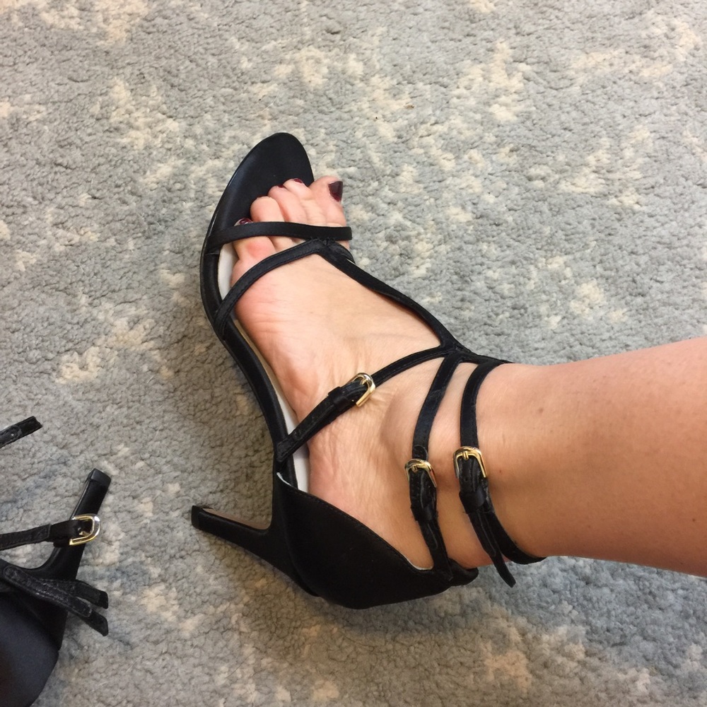 Reiss Black Strappy Buckle Open Toe Heels - Picture 5 of 8