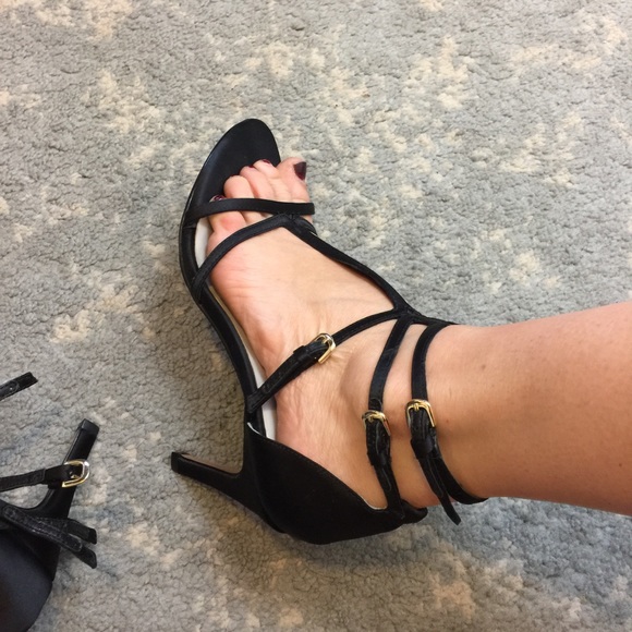 Reiss Black Strappy Buckle Open Toe Heels - Picture 5 of 8