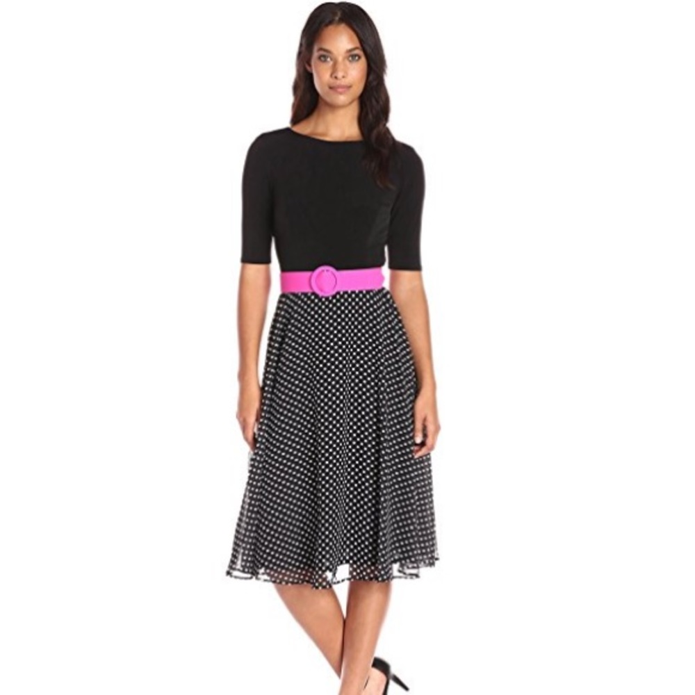 3/4 sleeve polka dot skirt dress with belt