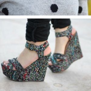 Steve Madden black floral wedges ankle strap 7.5