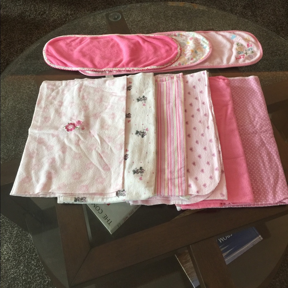 6 girl receiving blankets and 3 burp cloths.