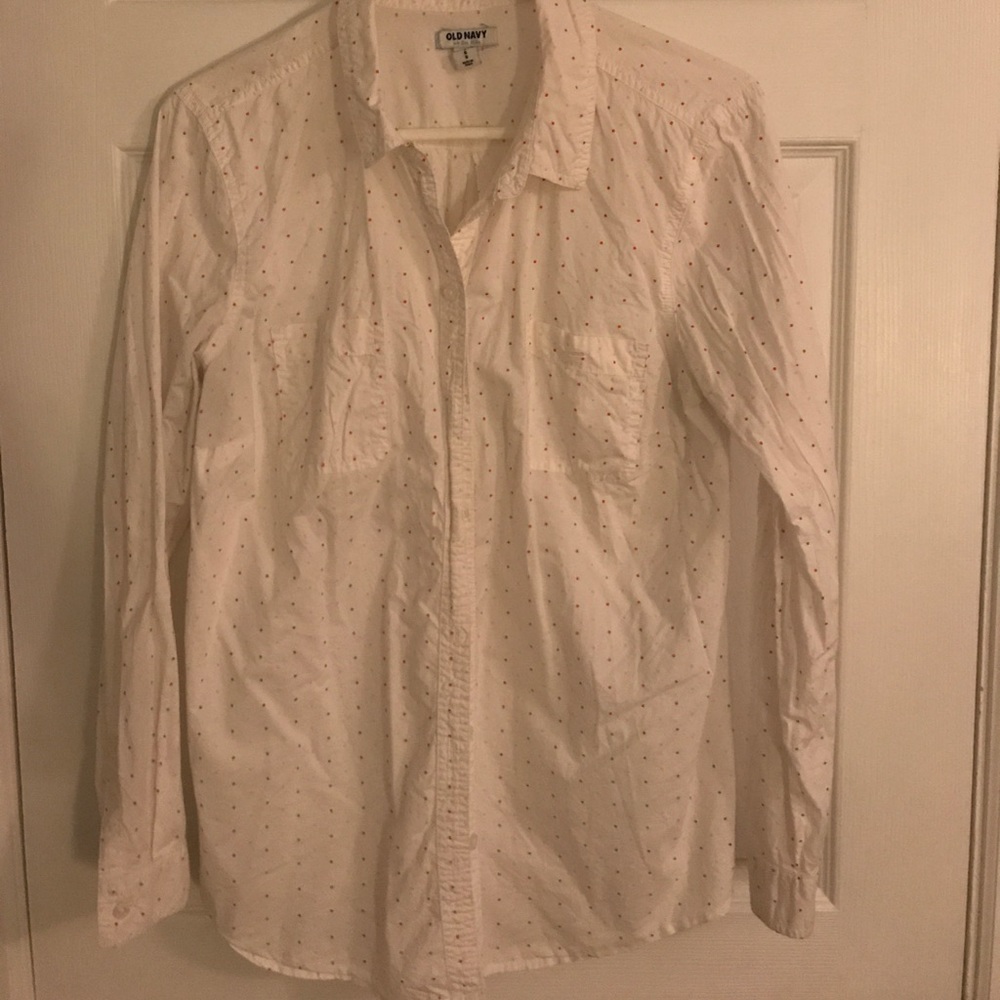 Women's white button-down with pink polka dots