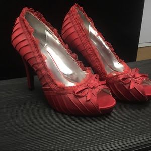 Red Satin Peep-Toe Pumps