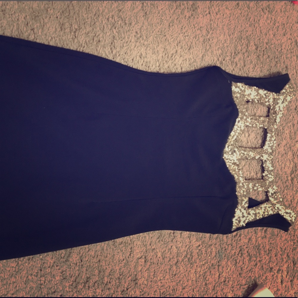 Black Cocktail Dress with Gold Sequin Neckline