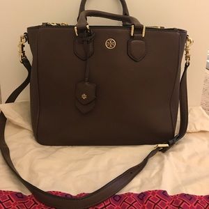 Tory Burch Robinson Pebbled Square Tote Bag, Brown