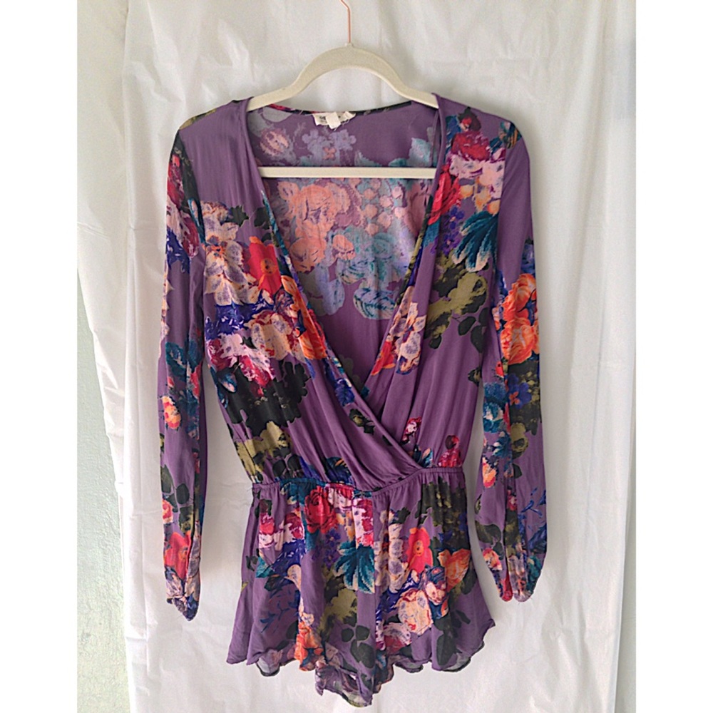 Plunge Long Sleeve Purple Floral Ruffled Romper