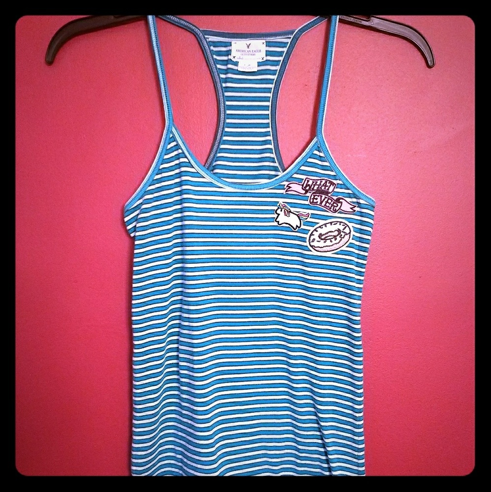 Teal White Stripe Racerback Tank Top Small Patches