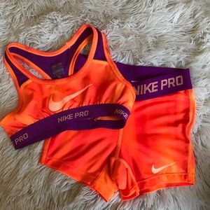 Nike Pro Girls compression shorts and sports bra