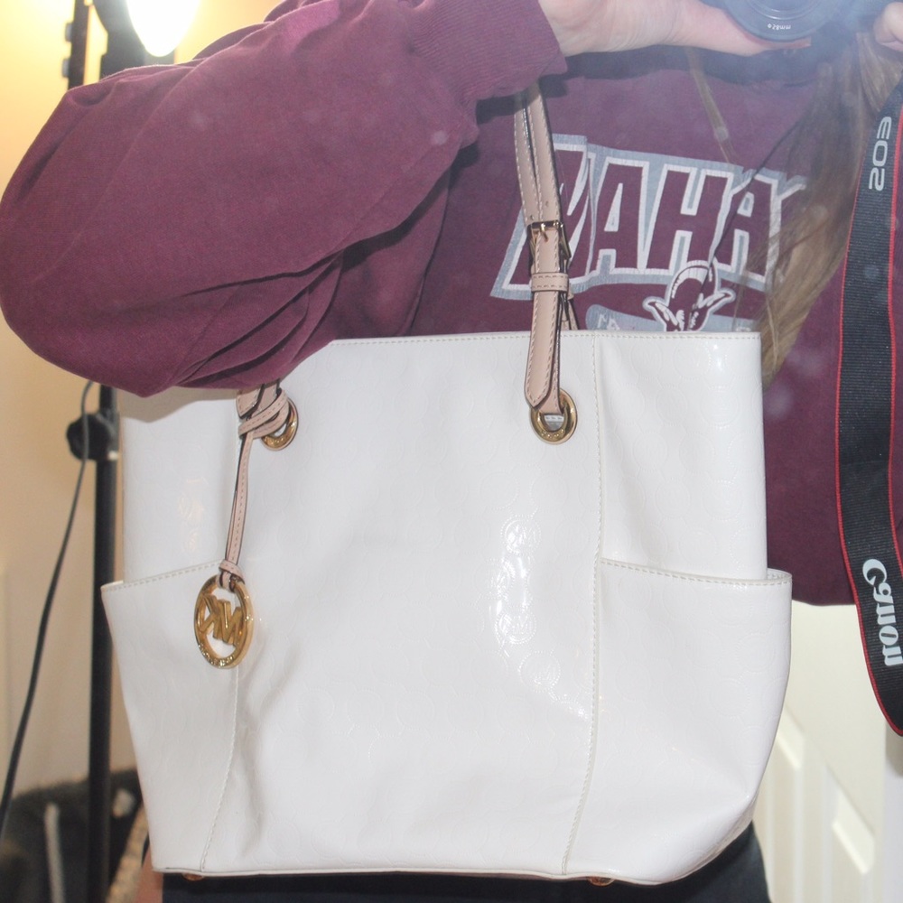 Michael Kors Signature white patent tote