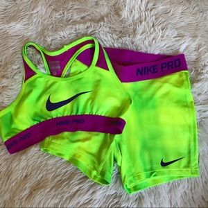 Girls Med Nike Pro Set Magenta and Neon Yellow