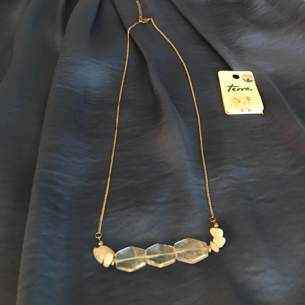 Clear & White Stone Necklace with Earrings