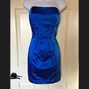 Blue satin Bebe strapless mini dress