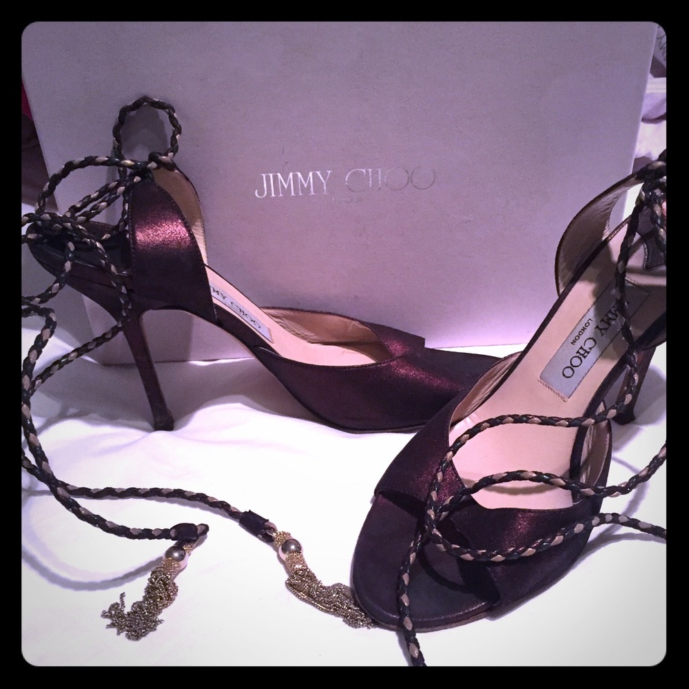 Jimmy Choo brown and gold lace up sandals