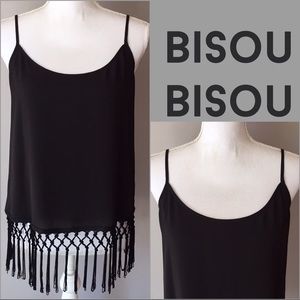 Bisou Bisou Fringe Cami Black Top Blouse Size (S)