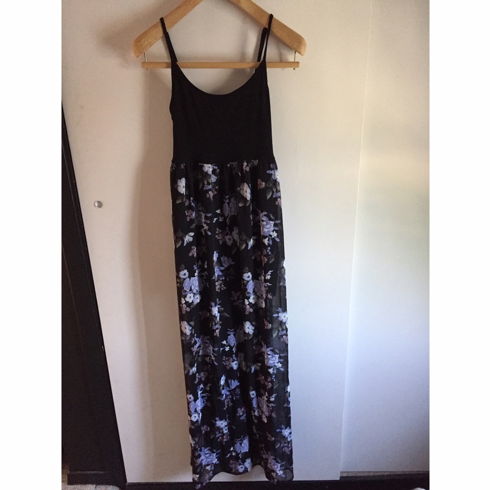 Black maxi dress with blue & white floral detail