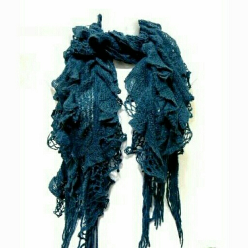 Teal Knit Ruffled Scarf Long Tassels Blue Green