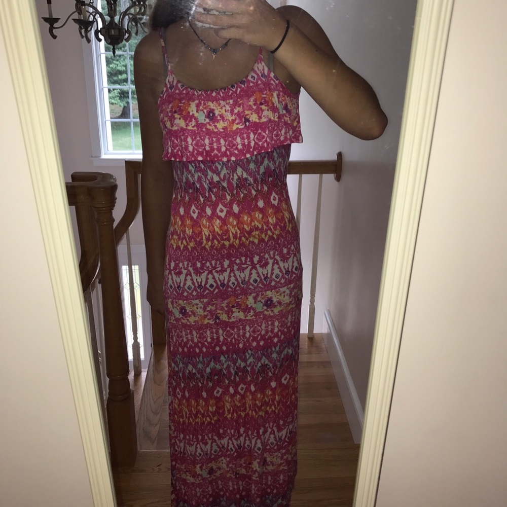 pink ruffled maxi dress