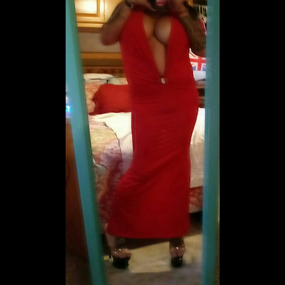 Red plunging neckline dress