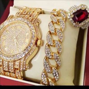Men's Gold Finished Watch&Braclet&Ring Set