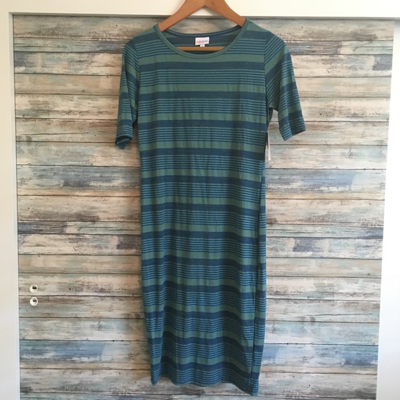 LuLaRoe Julia Heathered Blue and Turquoise Stripes - Picture 1 of 2