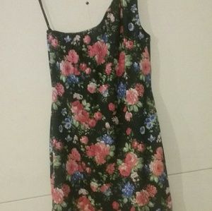 One Shoulder Floral Black Dress