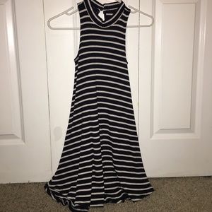 Black and white mock neck ribbed dress