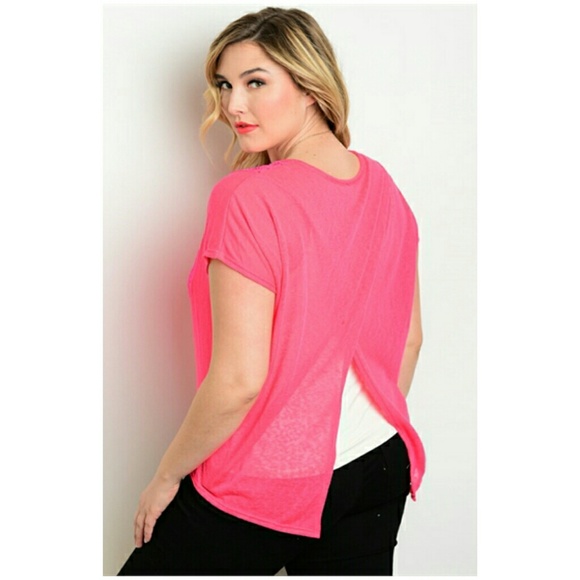 (Plus) Curvy Bright Pink Knit Lace Top - Picture 2 of 2