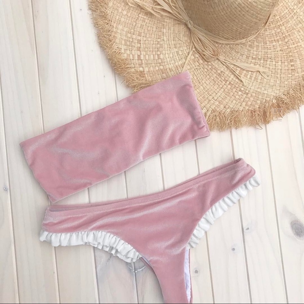 Pink Velvet Ruffle Bikini - Picture 2 of 3
