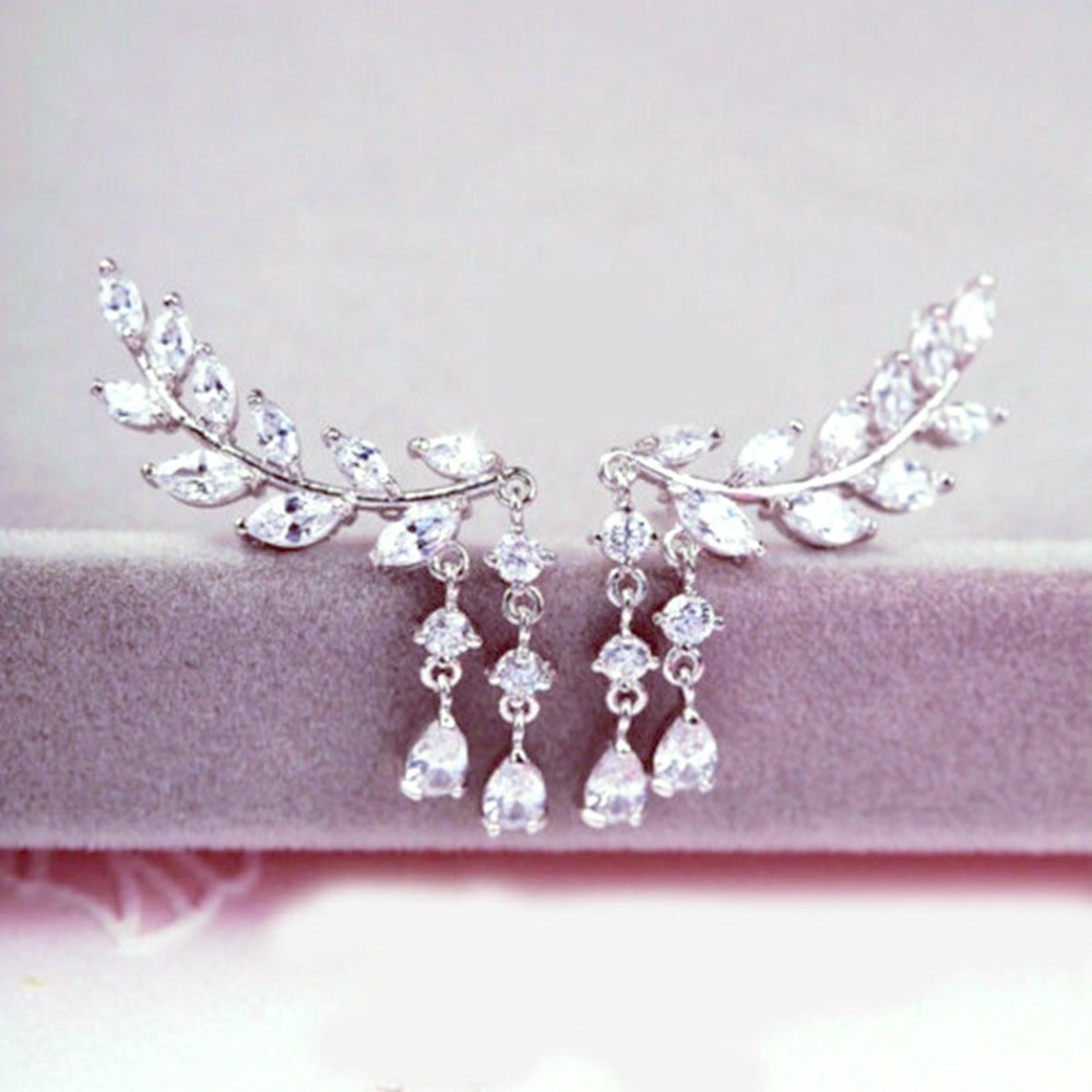 Silver Clear Rhinestone Flower Leaf Crystal Ear Climber Earrings