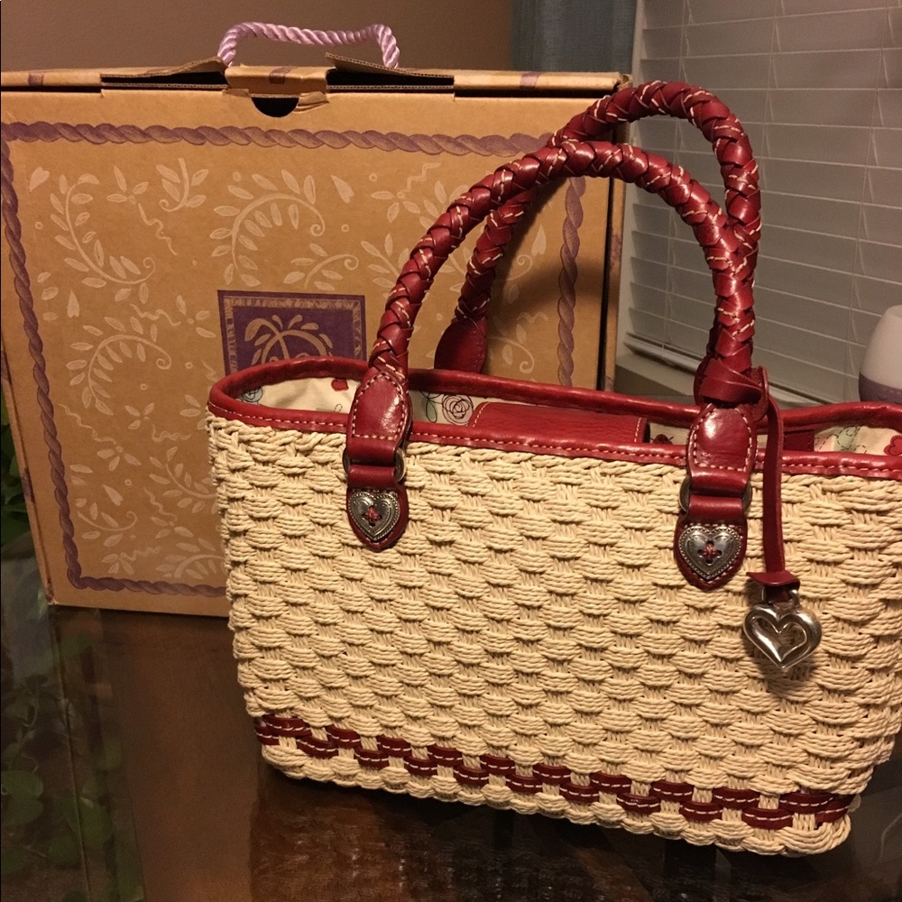 Brighton woven jute purse with red leather trim