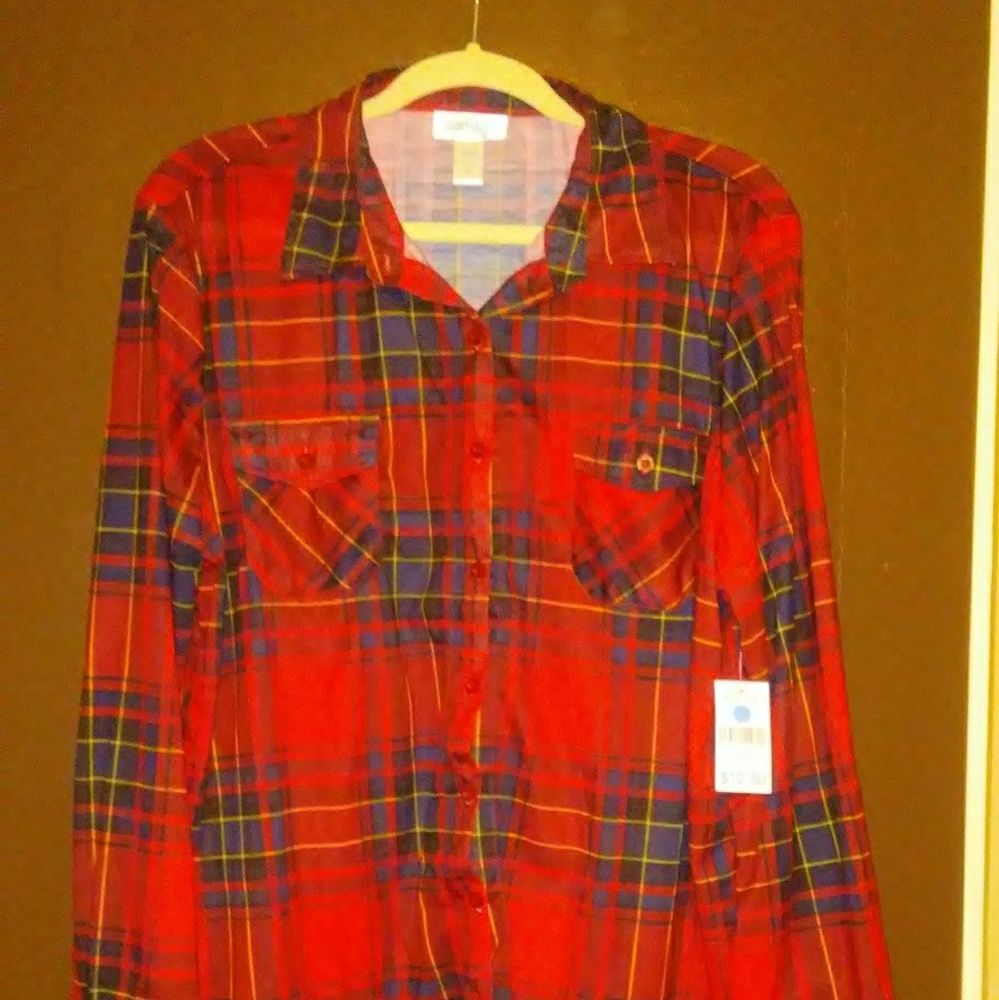 Just be - Button Down Red Plaid Top