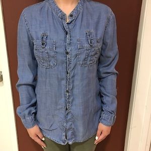 Collarless jean button up long sleeve
