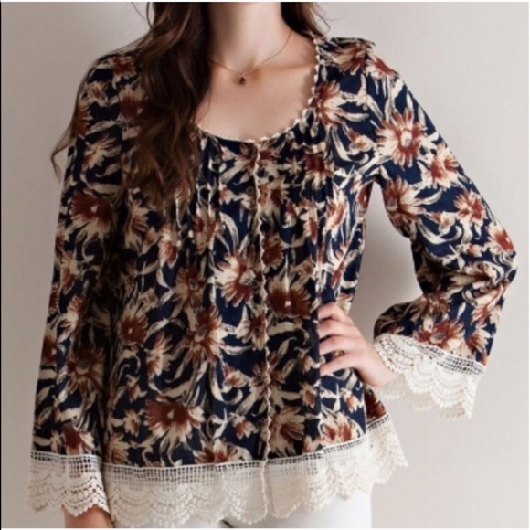 Denim, Boots, & Bling Tops - Bell Sleeve Blouse with Crocheted Detailing
