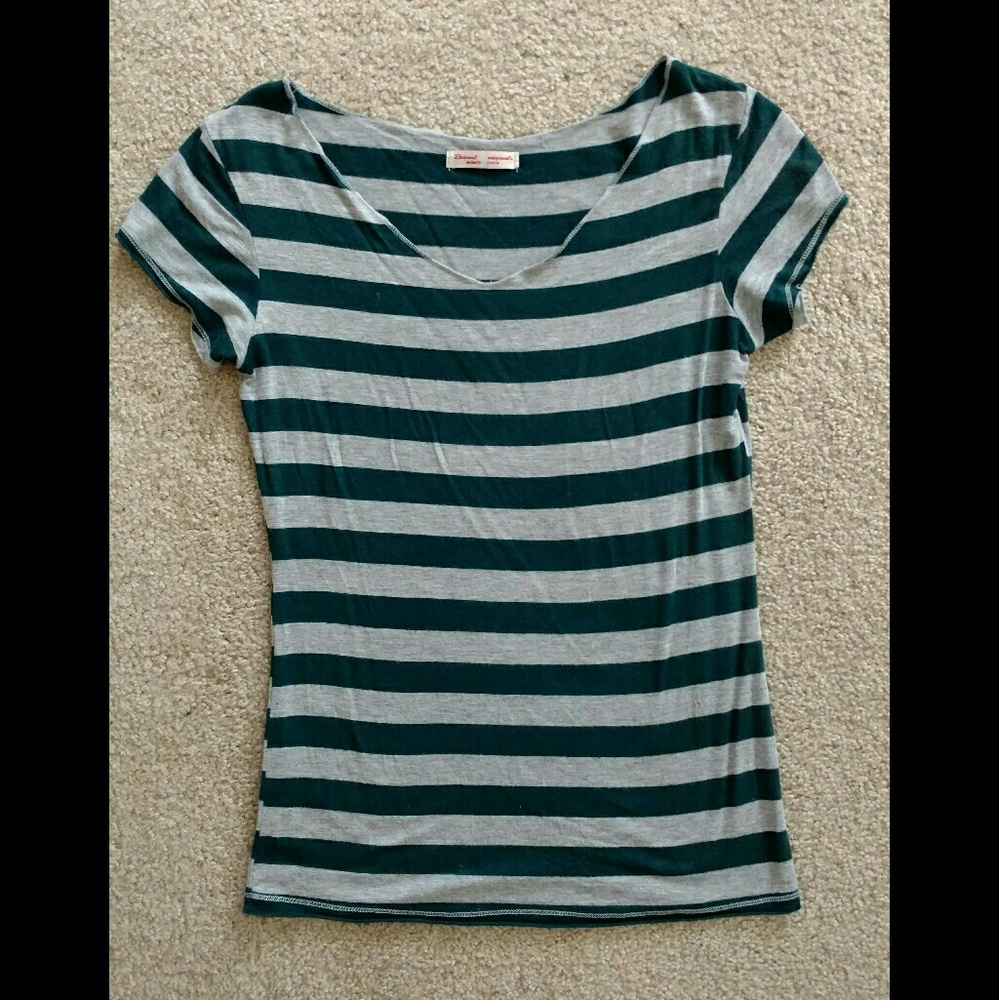 Green & Grey Striped V-Neck Short Sleeve T-Shirt M
