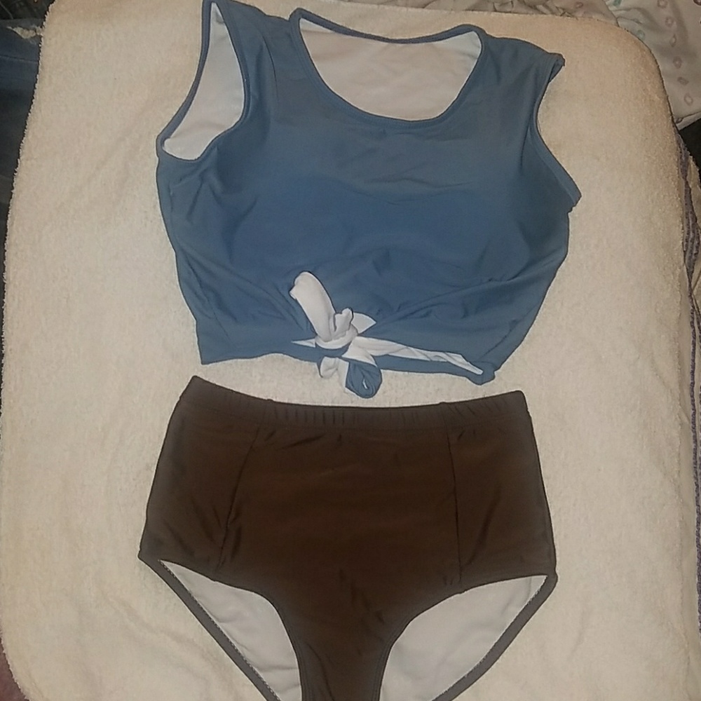 Grey Blue Crop Top tankini w/ Brown high waist
