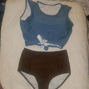 Grey Blue Crop Top tankini w/ Brown high waist