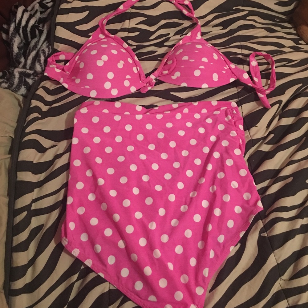 pink polka dot two piece bathing suit