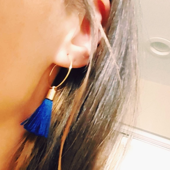 Blue and Gold Hoop Tassel Earrings - Picture 2 of 4