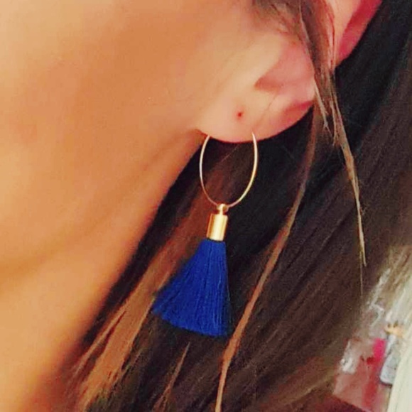 Blue and Gold Hoop Tassel Earrings - Picture 3 of 4