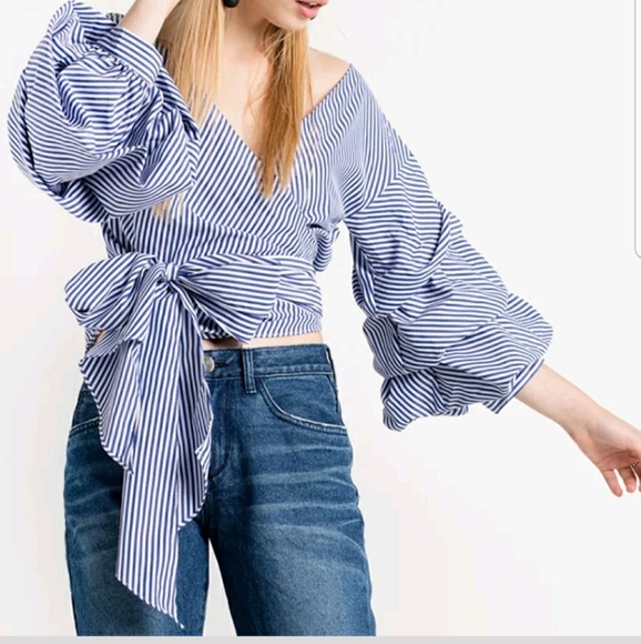 Ruffled Sleeve Wrap Blouse - Picture 2 of 6