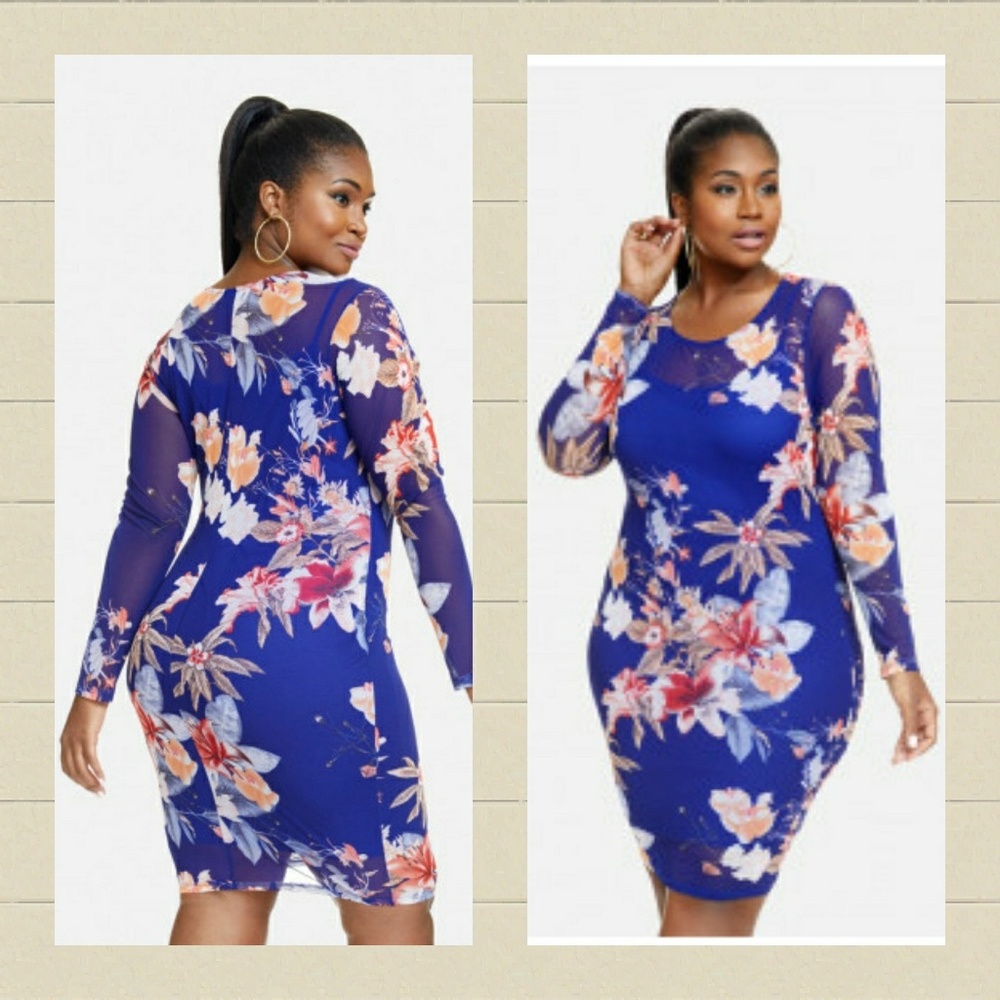 Blue Floral Mesh Bodycon Dress