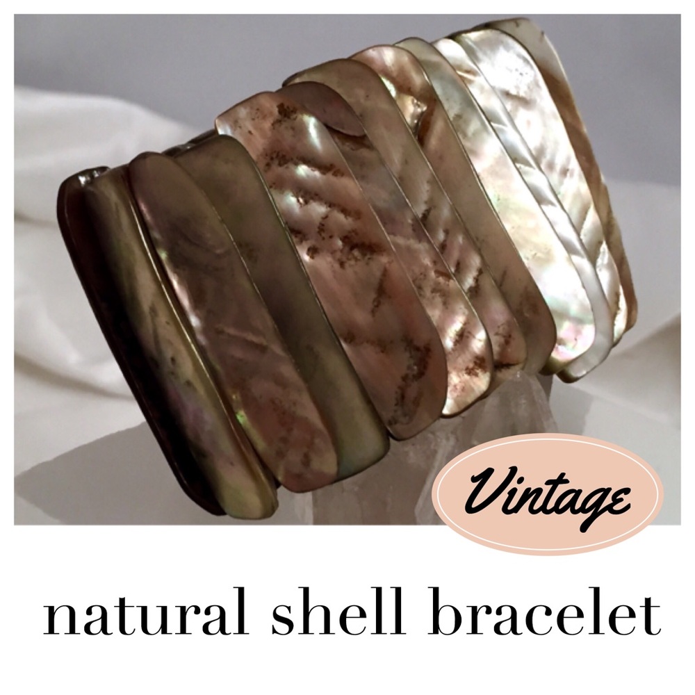 Natural abalone shell stretch cuff bracelet
