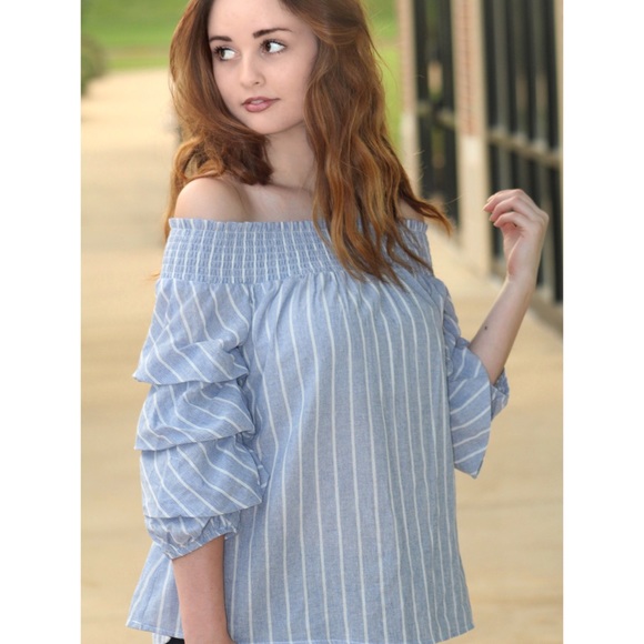 She and Sky Bow Front Detail Puff Sleeve Stripe Off the Shoulder Shirt - Picture 3 of 11
