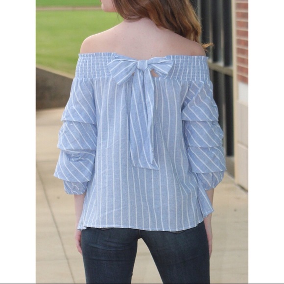 She and Sky Bow Front Detail Puff Sleeve Stripe Off the Shoulder Shirt - Picture 6 of 11