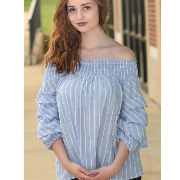 She and Sky Bow Front Detail Puff Sleeve Stripe Off the Shoulder Shirt - Picture 4 of 11