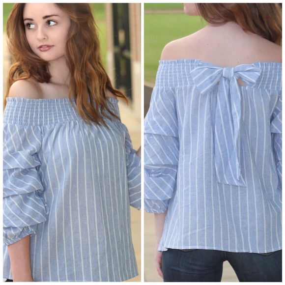 She and Sky Bow Front Detail Puff Sleeve Stripe Off the Shoulder Shirt - Picture 2 of 11