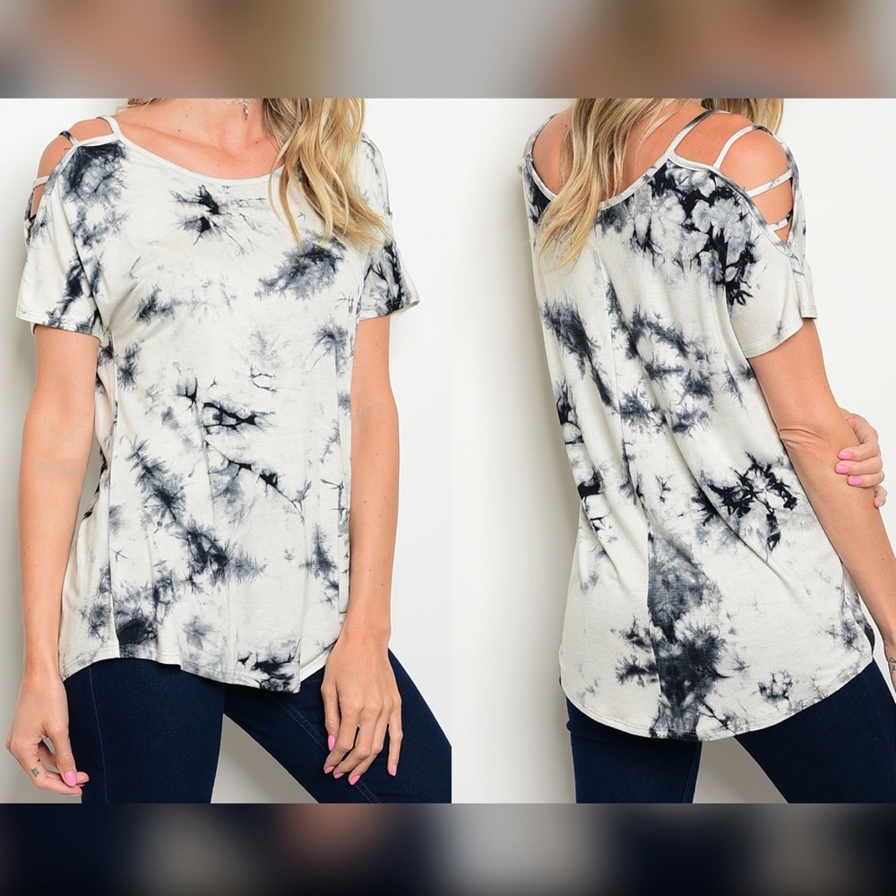 🔥Black/off White tie dye cold shoulder tee size M - Picture 5 of 7